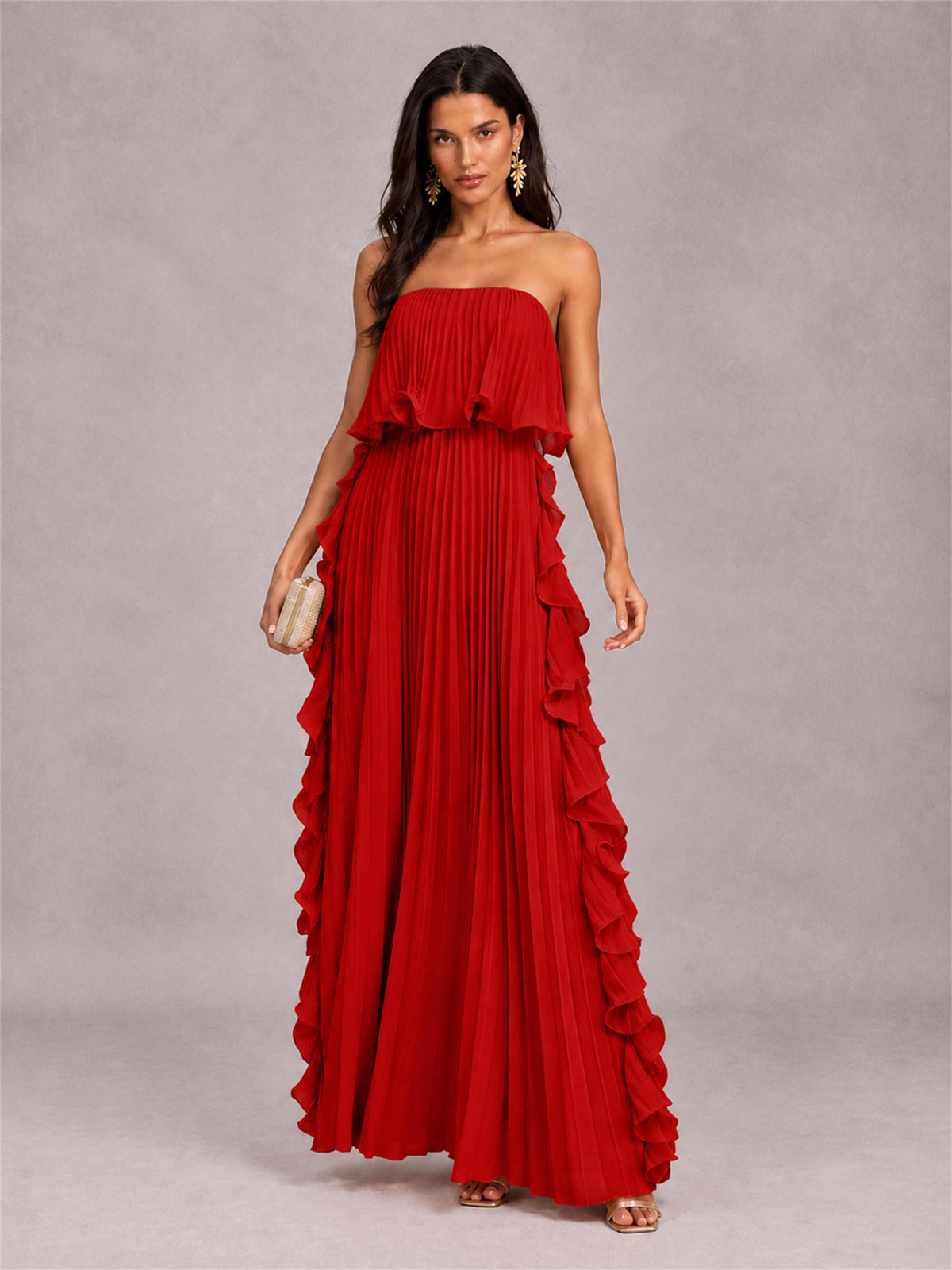 Strapless A-Line Chiffon Ruffle Pleated Floor-Length Wedding Guest Dress