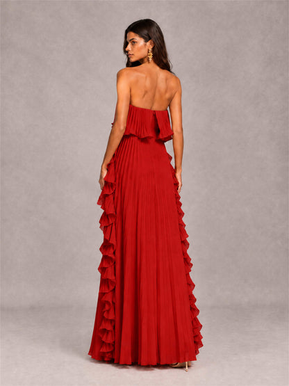 Strapless A-Line Chiffon Ruffle Pleated Floor-Length Wedding Guest Dress
