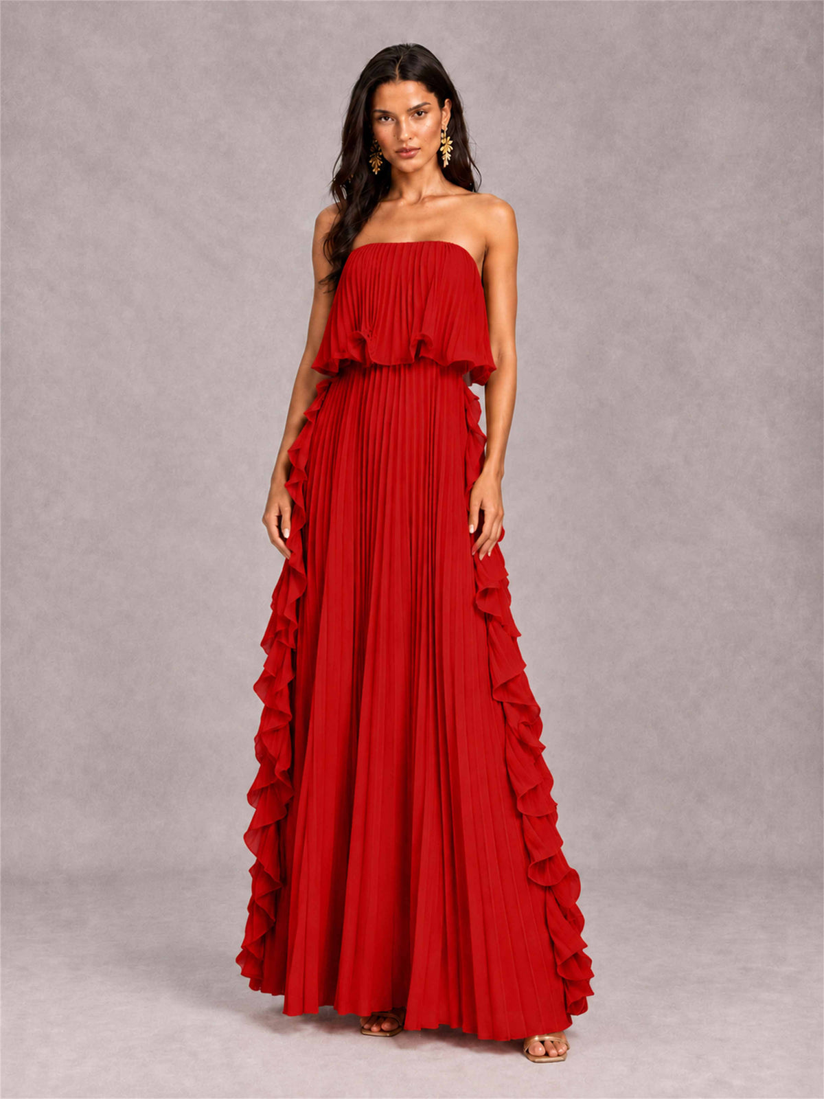 Strapless A-Line Chiffon Ruffle Pleated Floor-Length Wedding Guest Dress