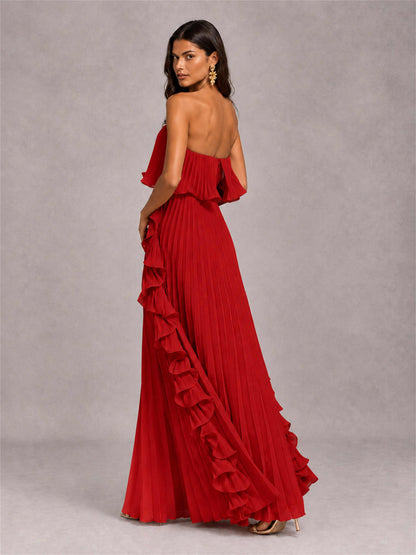 Strapless A-Line Chiffon Ruffle Pleated Floor-Length Wedding Guest Dress