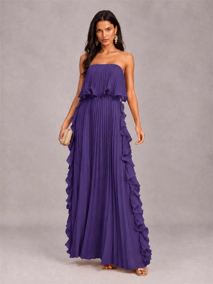 Strapless A-Line Chiffon Ruffle Pleated Floor-Length Wedding Guest Dress