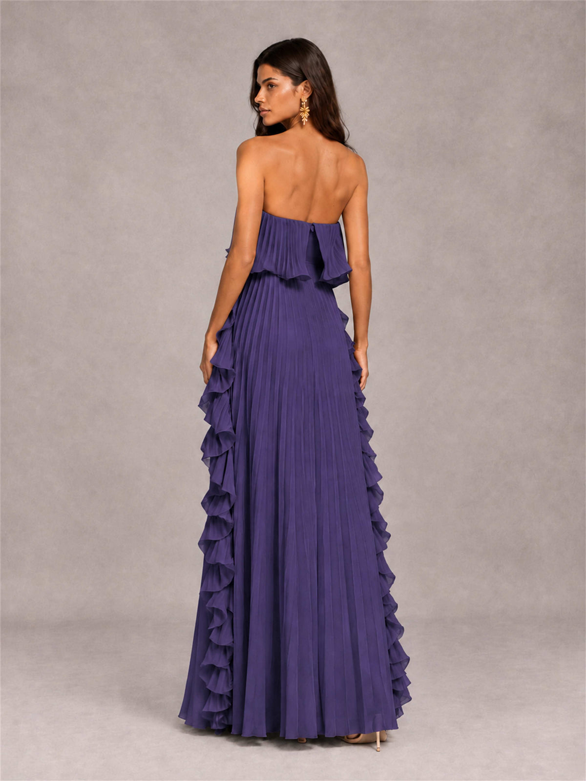 Strapless A-Line Chiffon Ruffle Pleated Floor-Length Wedding Guest Dress