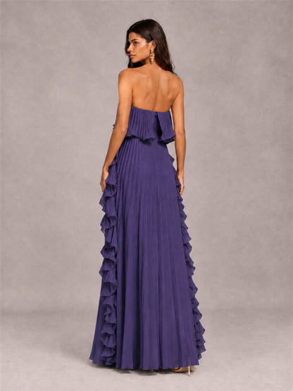 Strapless A-Line Chiffon Ruffle Pleated Floor-Length Wedding Guest Dress