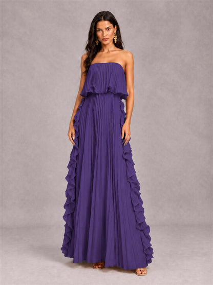 Strapless A-Line Chiffon Ruffle Pleated Floor-Length Wedding Guest Dress
