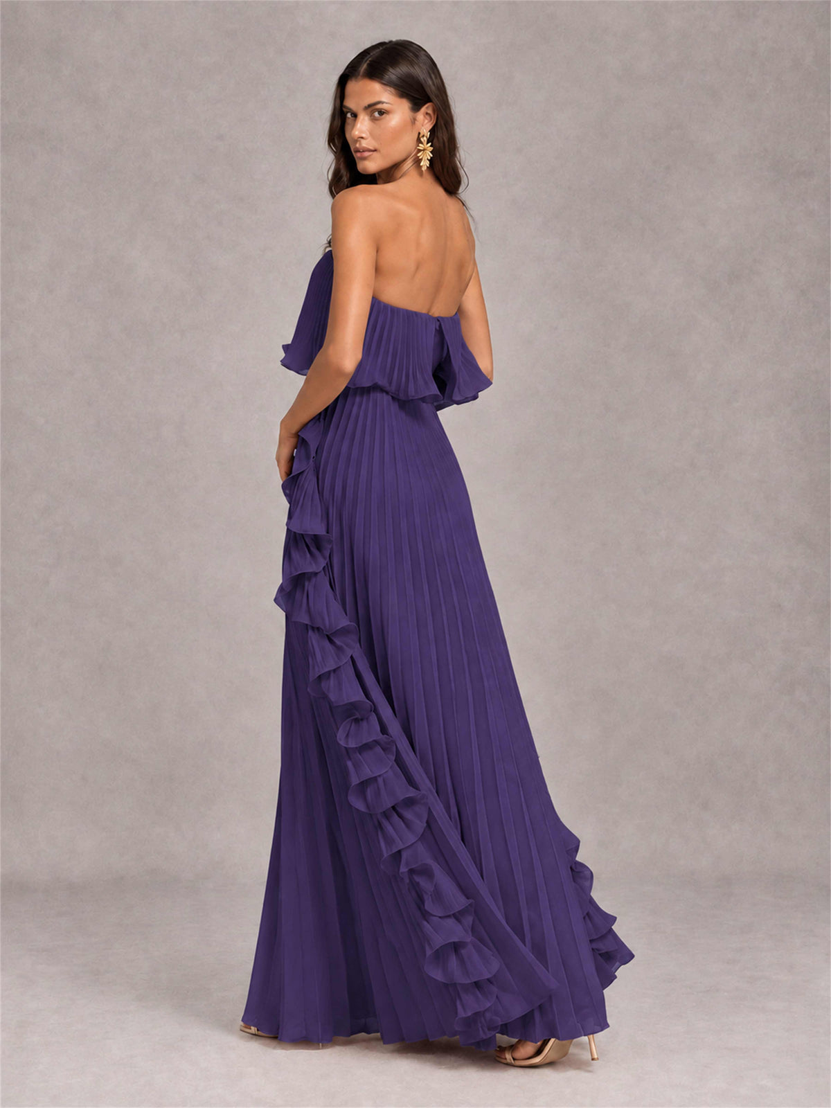 Strapless A-Line Chiffon Ruffle Pleated Floor-Length Wedding Guest Dress