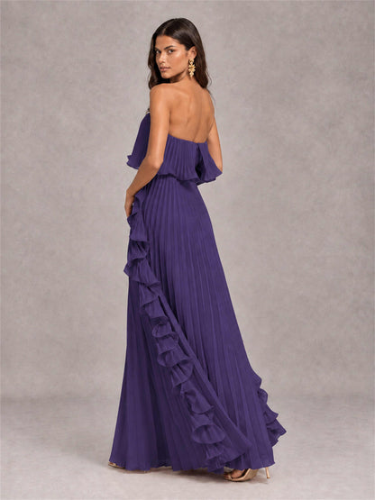 Strapless A-Line Chiffon Ruffle Pleated Floor-Length Wedding Guest Dress