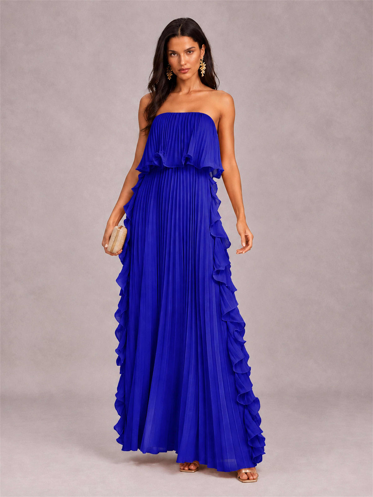 Strapless A-Line Chiffon Ruffle Pleated Floor-Length Wedding Guest Dress