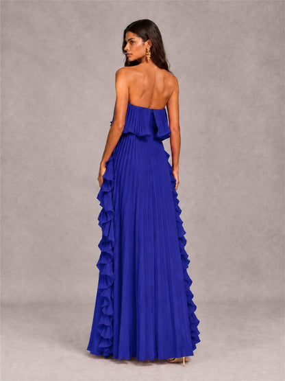 Strapless A-Line Chiffon Ruffle Pleated Floor-Length Wedding Guest Dress