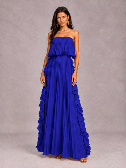 Strapless A-Line Chiffon Ruffle Pleated Floor-Length Wedding Guest Dress