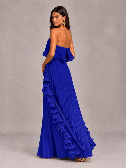 Strapless A-Line Chiffon Ruffle Pleated Floor-Length Wedding Guest Dress