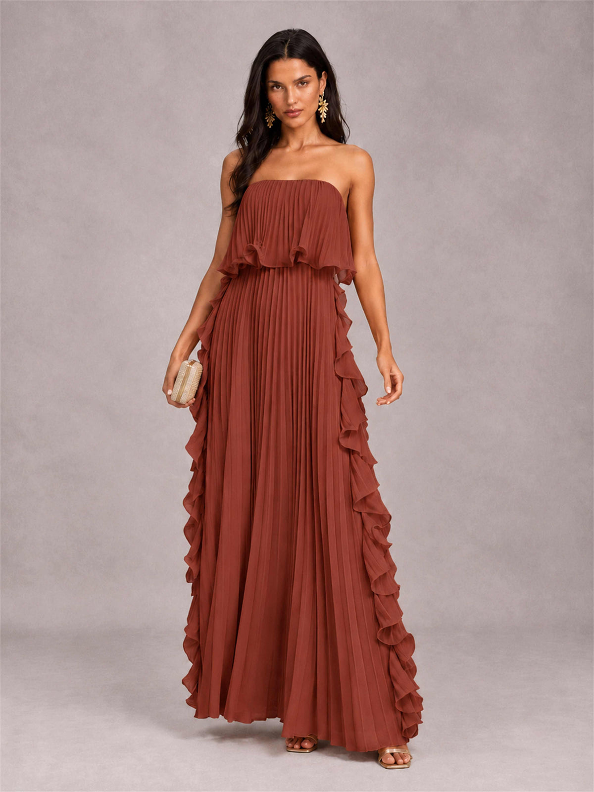 Strapless A-Line Chiffon Ruffle Pleated Floor-Length Wedding Guest Dress