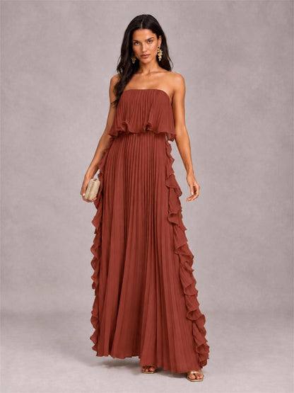 Strapless A-Line Chiffon Ruffle Pleated Floor-Length Wedding Guest Dress