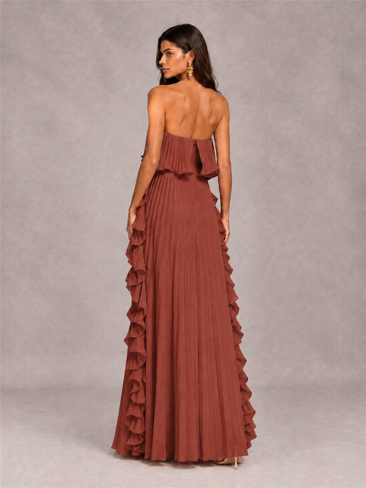 Strapless A-Line Chiffon Ruffle Pleated Floor-Length Wedding Guest Dress