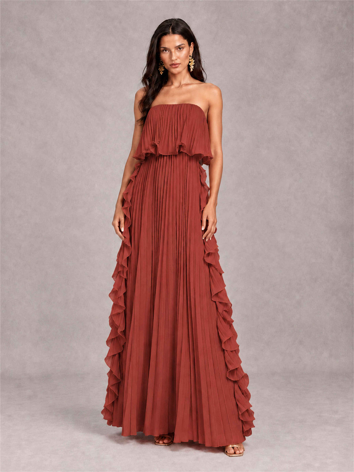 Strapless A-Line Chiffon Ruffle Pleated Floor-Length Wedding Guest Dress