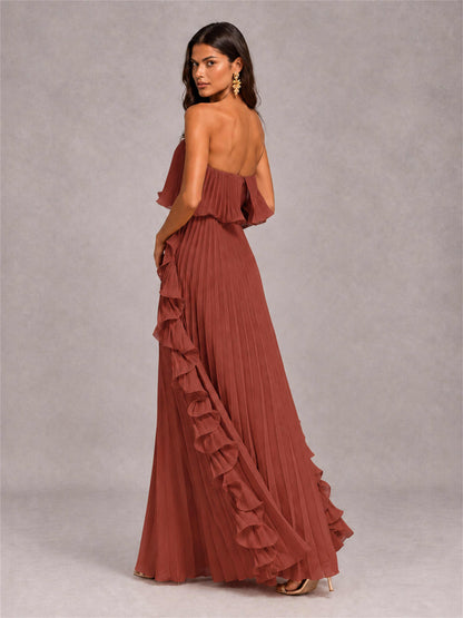 Strapless A-Line Chiffon Ruffle Pleated Floor-Length Wedding Guest Dress