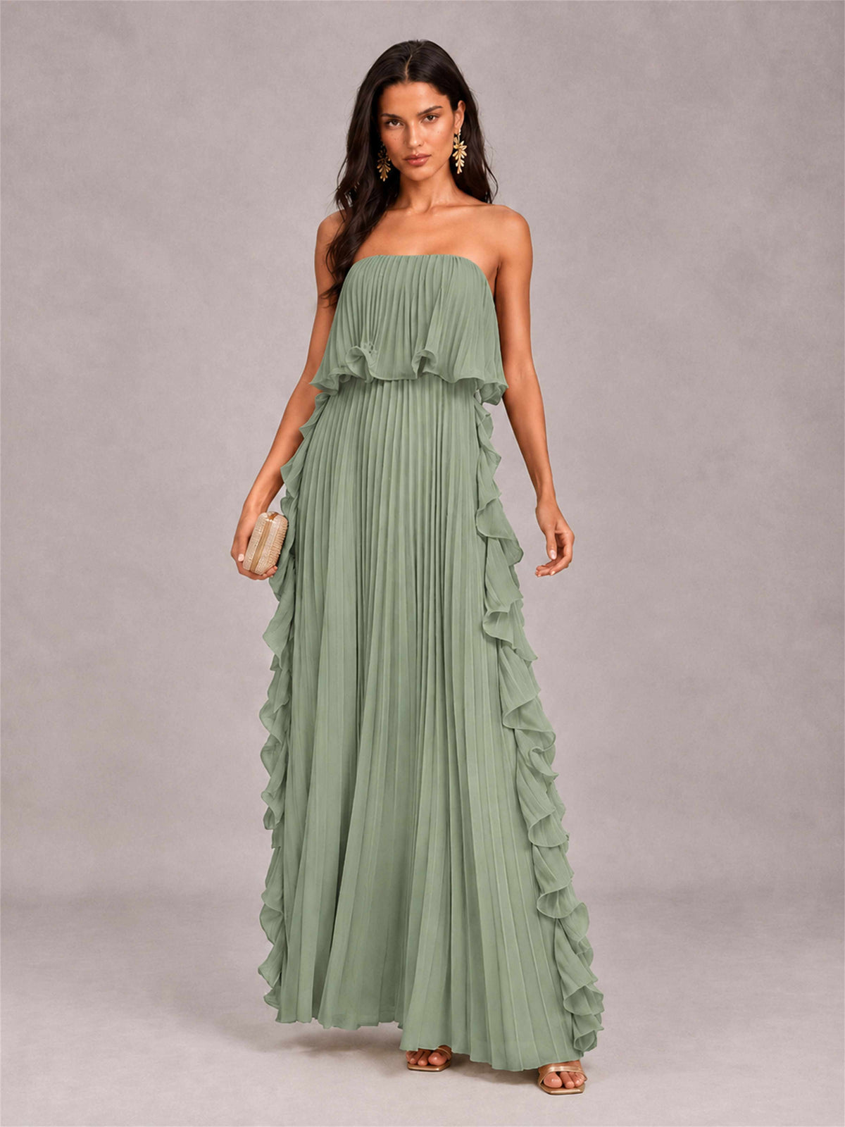 Strapless A-Line Chiffon Ruffle Pleated Floor-Length Wedding Guest Dress