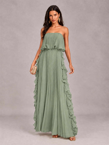 Strapless A-Line Chiffon Ruffle Pleated Floor-Length Wedding Guest Dress