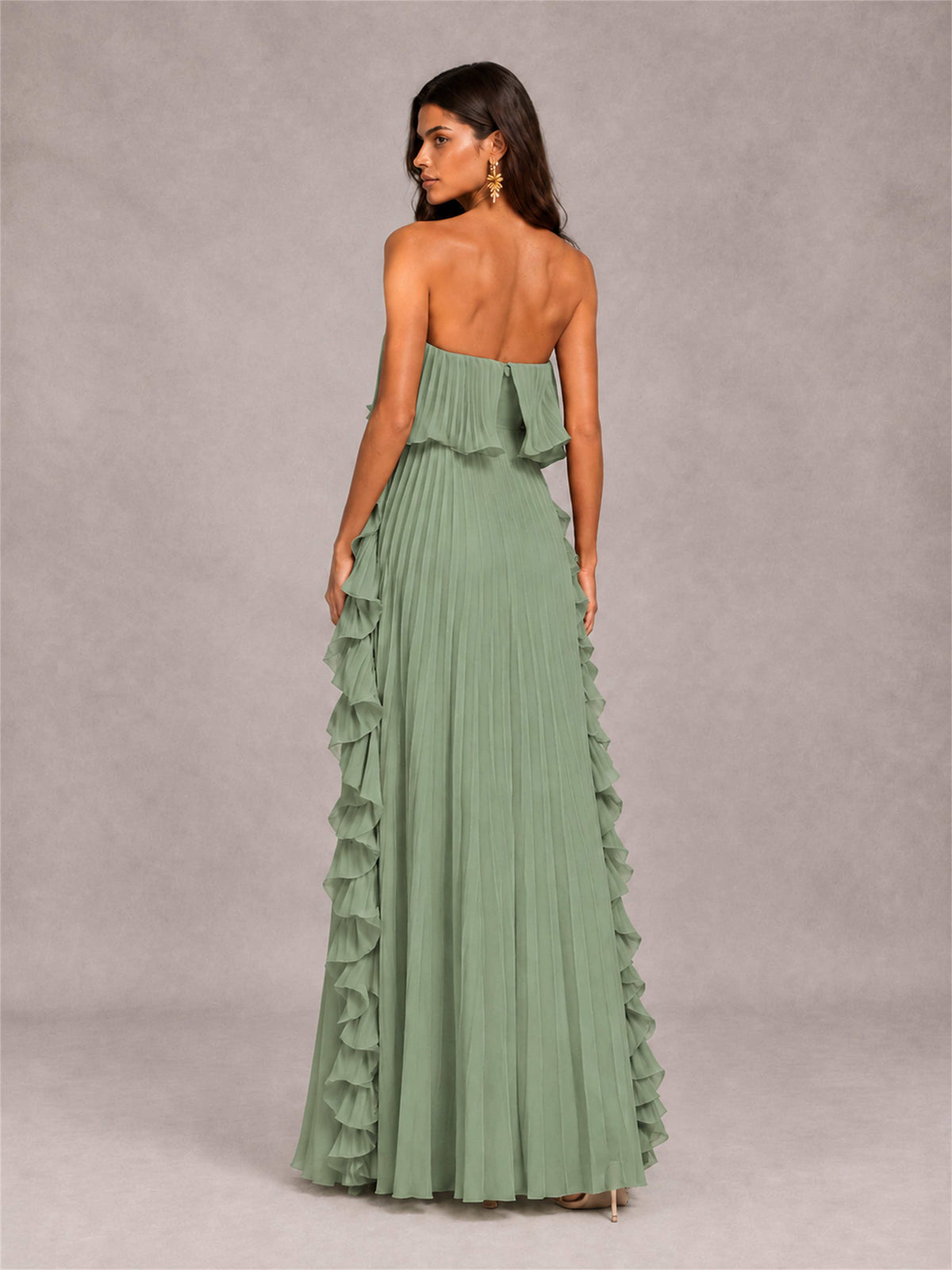 Strapless A-Line Chiffon Ruffle Pleated Floor-Length Wedding Guest Dress