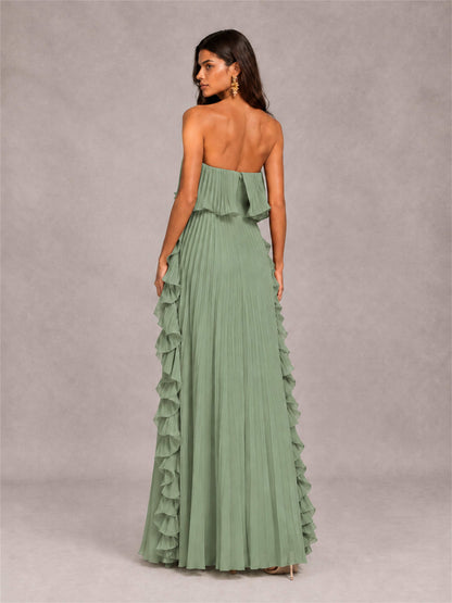 Strapless A-Line Chiffon Ruffle Pleated Floor-Length Wedding Guest Dress