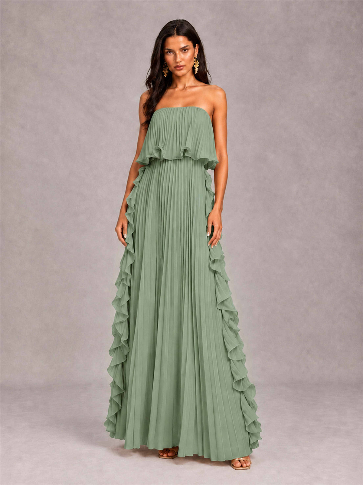 Strapless A-Line Chiffon Ruffle Pleated Floor-Length Wedding Guest Dress