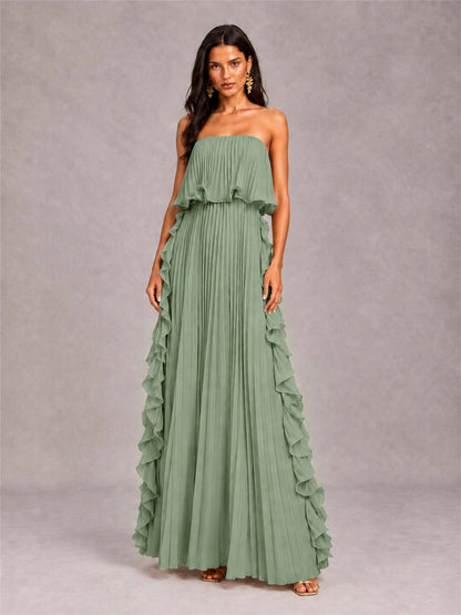 Strapless A-Line Chiffon Ruffle Pleated Floor-Length Wedding Guest Dress