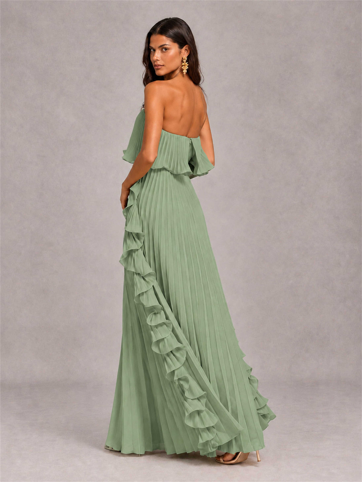 Strapless A-Line Chiffon Ruffle Pleated Floor-Length Wedding Guest Dress