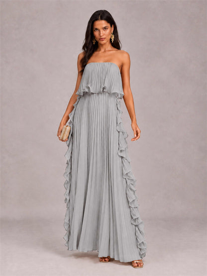 Strapless A-Line Chiffon Ruffle Pleated Floor-Length Wedding Guest Dress