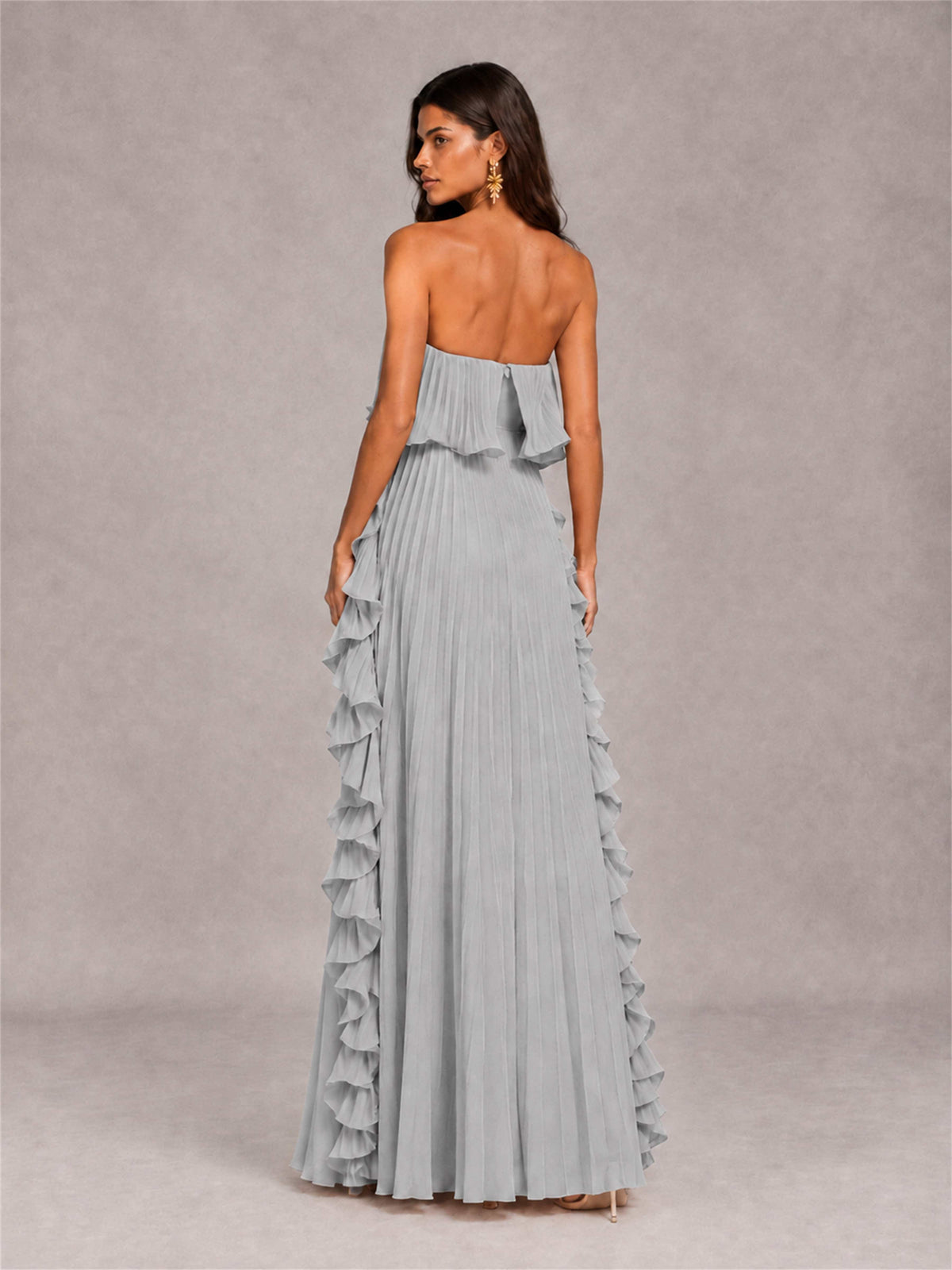 Strapless A-Line Chiffon Ruffle Pleated Floor-Length Wedding Guest Dress