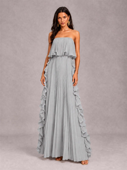 Strapless A-Line Chiffon Ruffle Pleated Floor-Length Wedding Guest Dress
