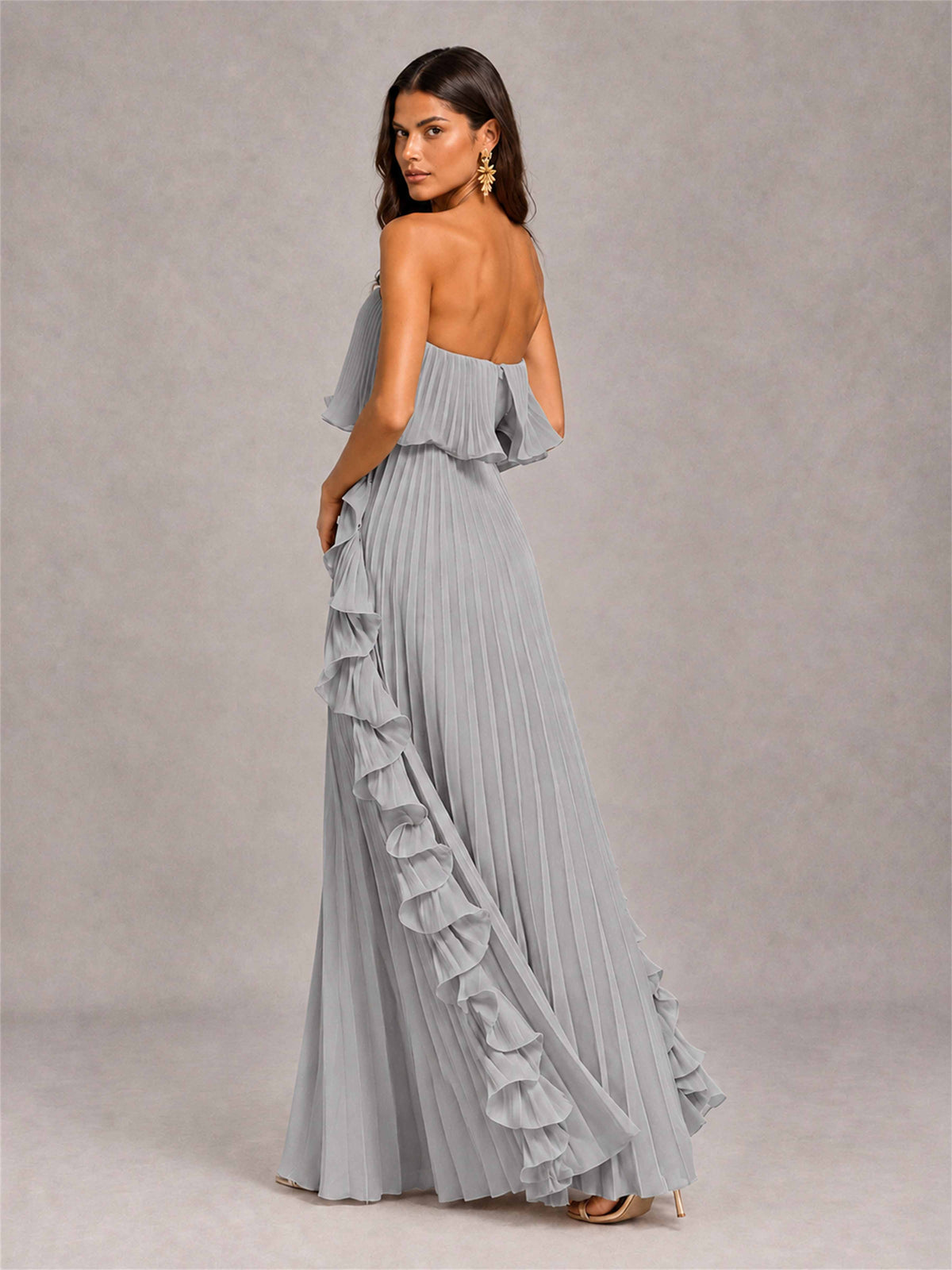 Strapless A-Line Chiffon Ruffle Pleated Floor-Length Wedding Guest Dress
