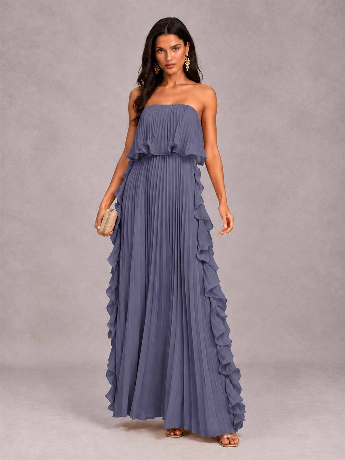 Strapless A-Line Chiffon Ruffle Pleated Floor-Length Wedding Guest Dress