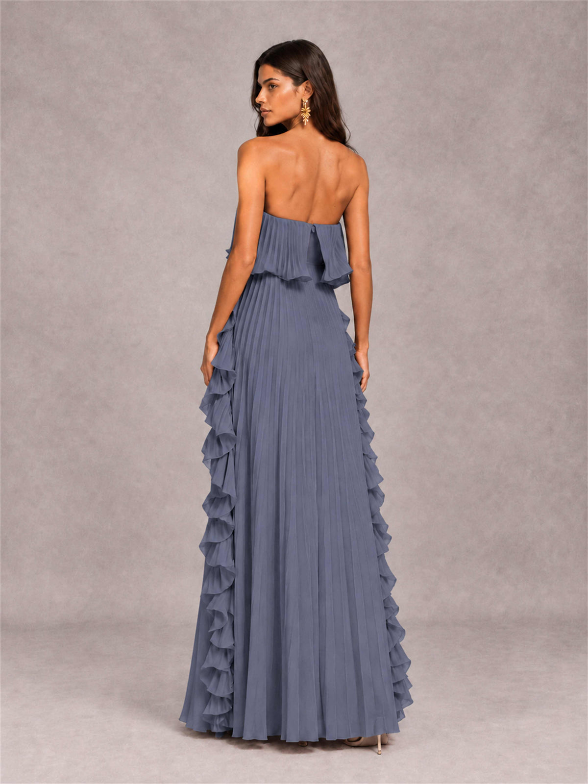 Strapless A-Line Chiffon Ruffle Pleated Floor-Length Wedding Guest Dress