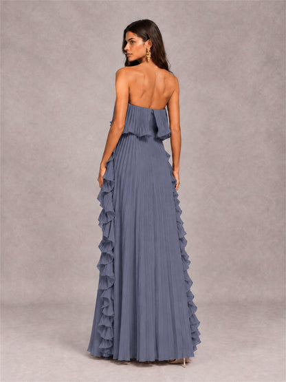 Strapless A-Line Chiffon Ruffle Pleated Floor-Length Wedding Guest Dress