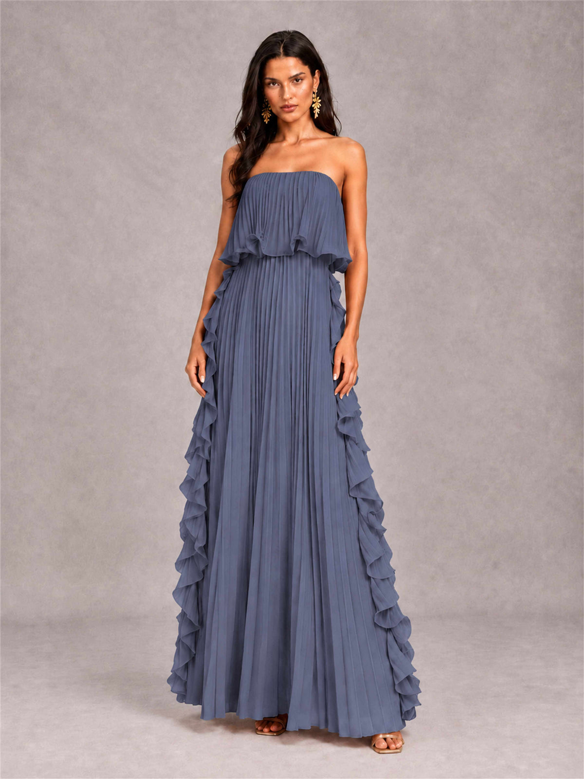 Strapless A-Line Chiffon Ruffle Pleated Floor-Length Wedding Guest Dress