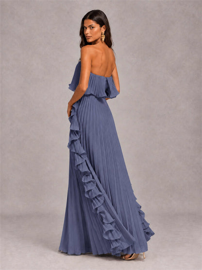 Strapless A-Line Chiffon Ruffle Pleated Floor-Length Wedding Guest Dress