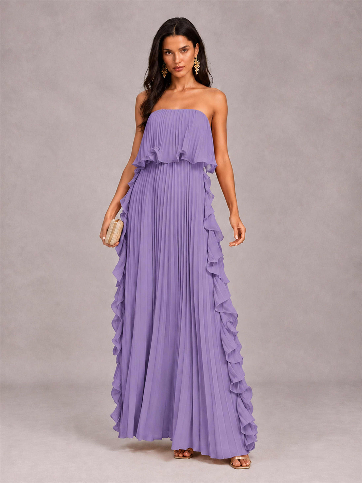Strapless A-Line Chiffon Ruffle Pleated Floor-Length Wedding Guest Dress