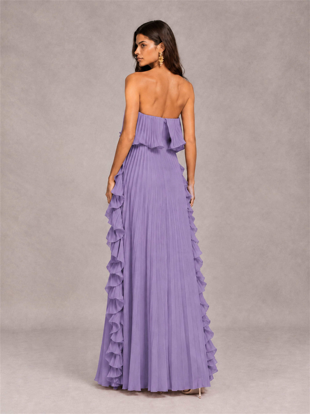 Strapless A-Line Chiffon Ruffle Pleated Floor-Length Wedding Guest Dress