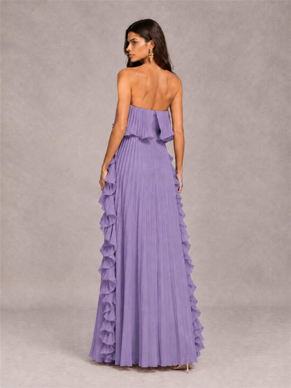 Strapless A-Line Chiffon Ruffle Pleated Floor-Length Wedding Guest Dress