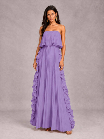 Strapless A-Line Chiffon Ruffle Pleated Floor-Length Wedding Guest Dress