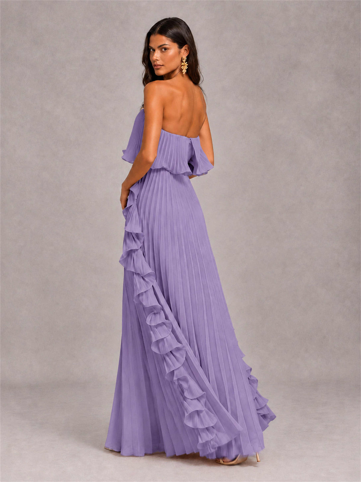 Strapless A-Line Chiffon Ruffle Pleated Floor-Length Wedding Guest Dress