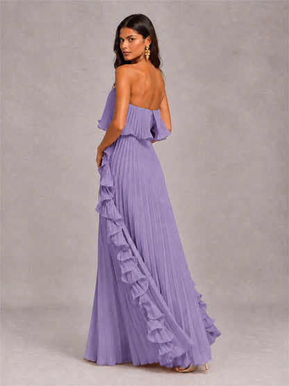 Strapless A-Line Chiffon Ruffle Pleated Floor-Length Wedding Guest Dress