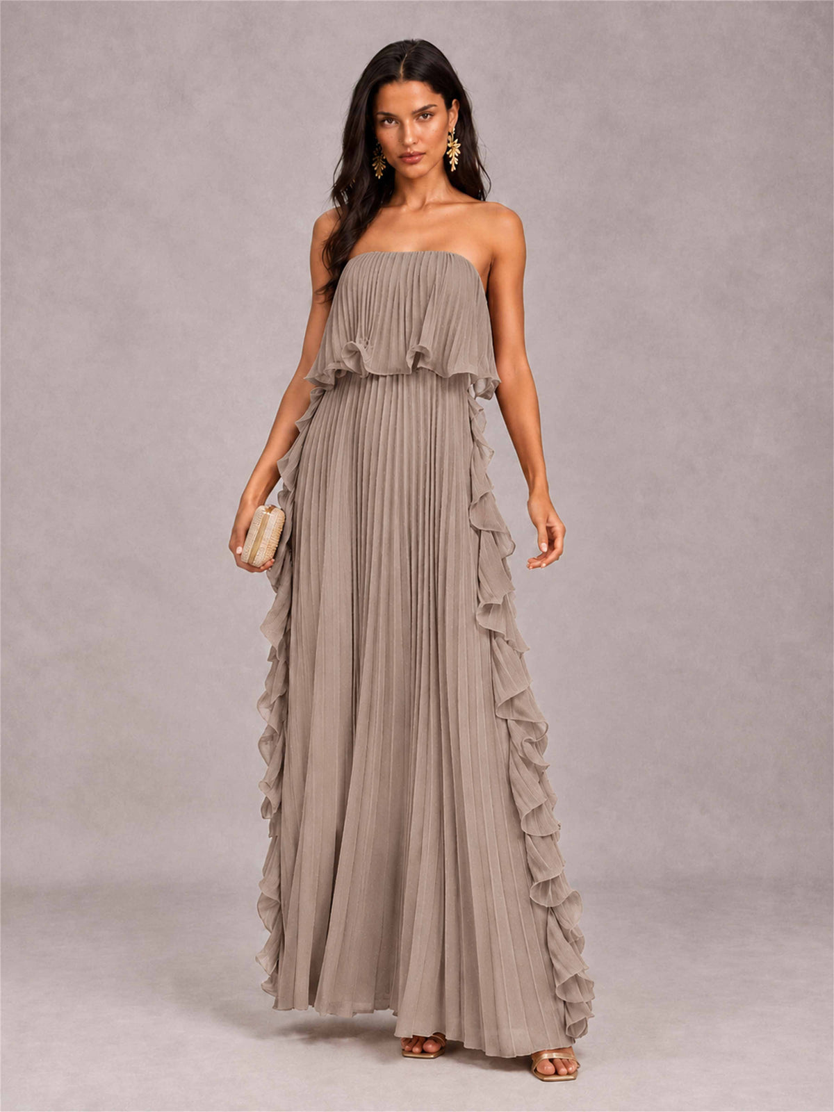 Strapless A-Line Chiffon Ruffle Pleated Floor-Length Wedding Guest Dress