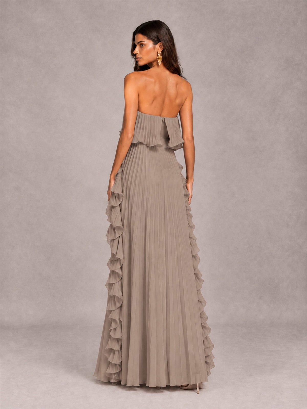 Strapless A-Line Chiffon Ruffle Pleated Floor-Length Wedding Guest Dress