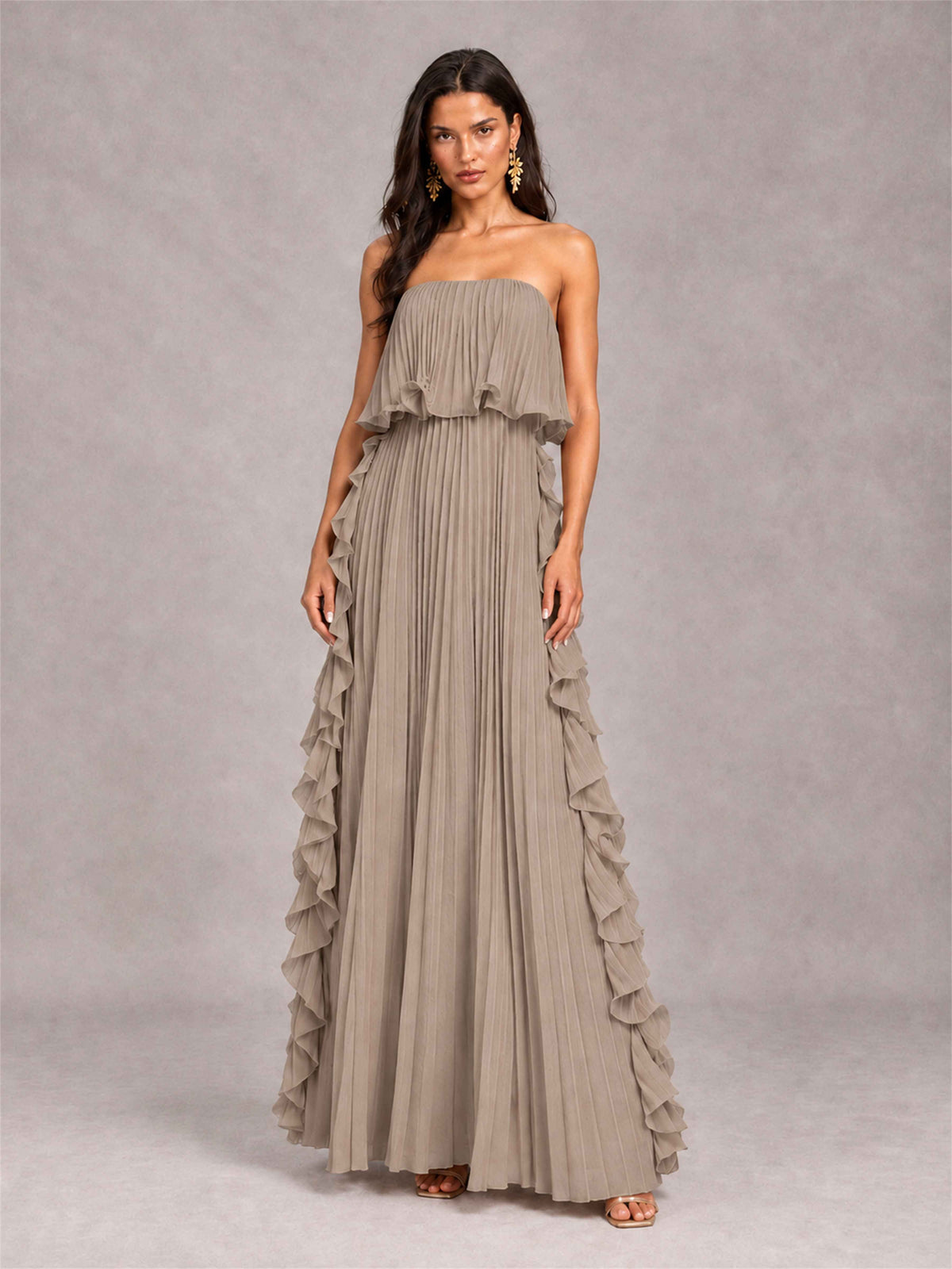 Strapless A-Line Chiffon Ruffle Pleated Floor-Length Wedding Guest Dress