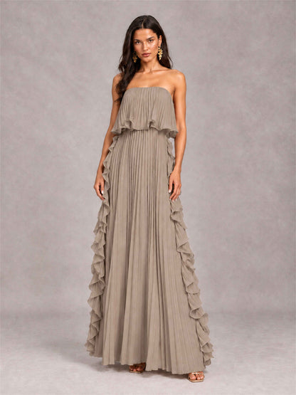 Strapless A-Line Chiffon Ruffle Pleated Floor-Length Wedding Guest Dress