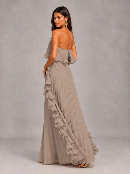 Strapless A-Line Chiffon Ruffle Pleated Floor-Length Wedding Guest Dress
