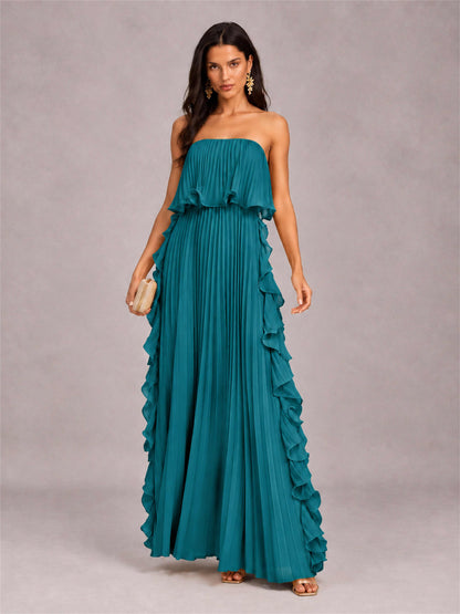 Strapless A-Line Chiffon Ruffle Pleated Floor-Length Wedding Guest Dress