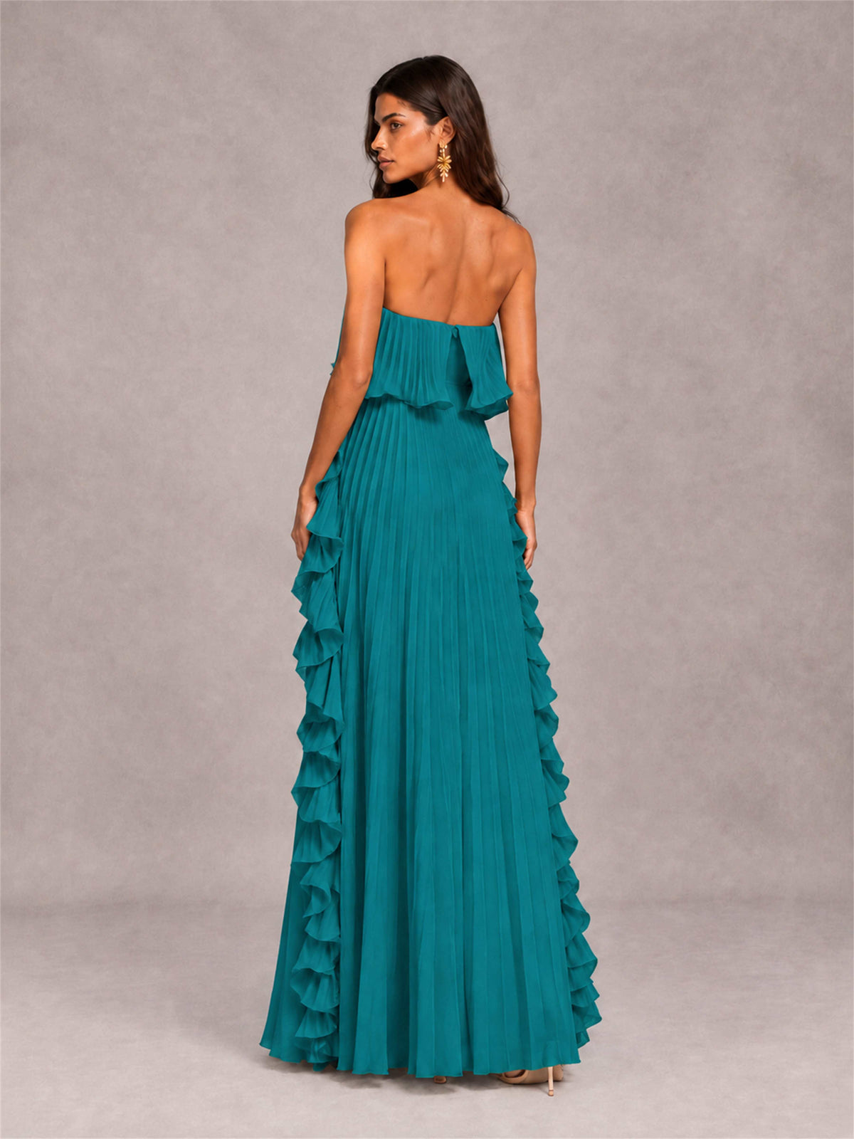 Strapless A-Line Chiffon Ruffle Pleated Floor-Length Wedding Guest Dress