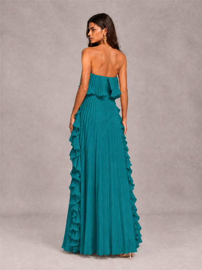 Strapless A-Line Chiffon Ruffle Pleated Floor-Length Wedding Guest Dress