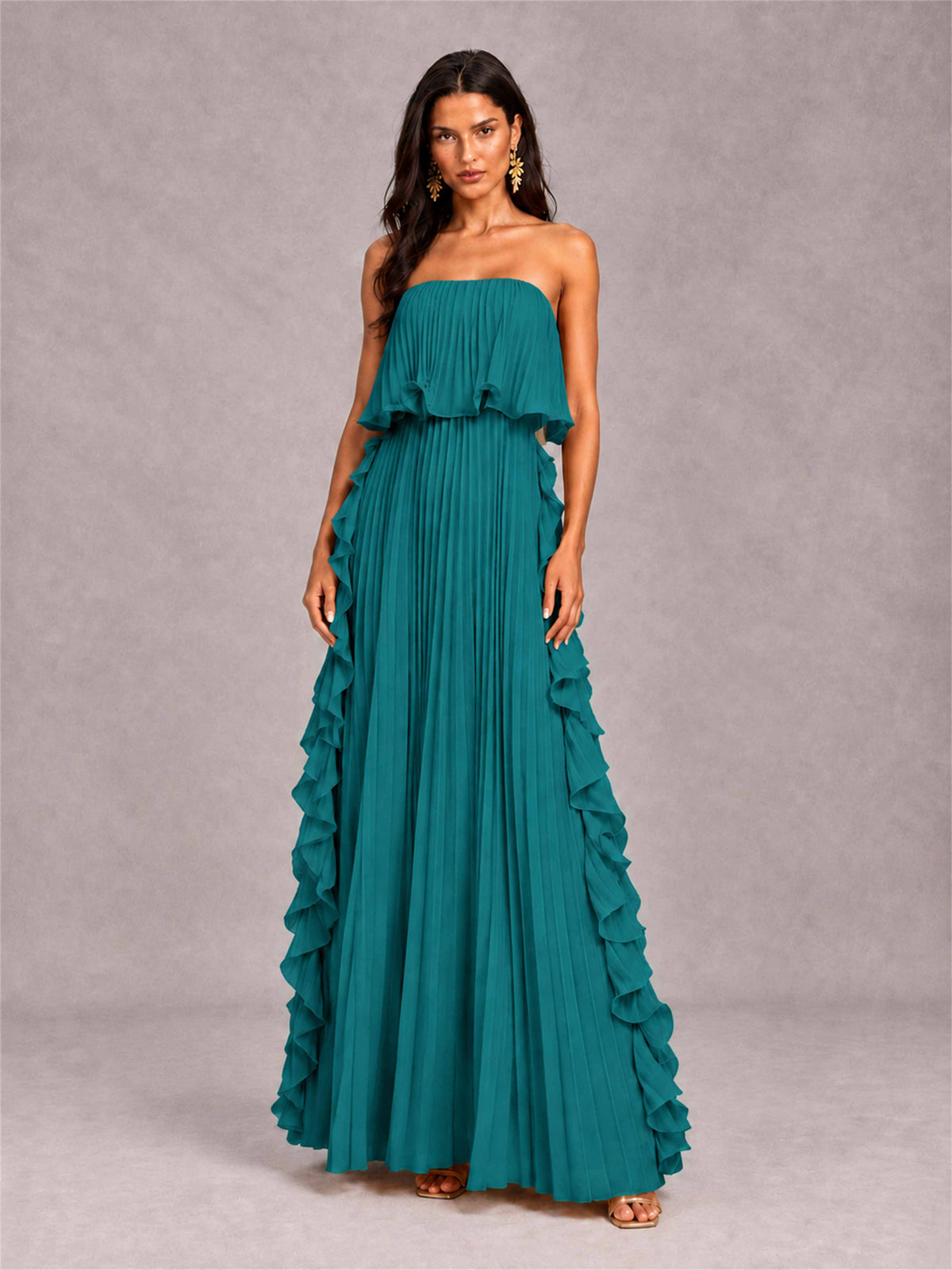 Strapless A-Line Chiffon Ruffle Pleated Floor-Length Wedding Guest Dress